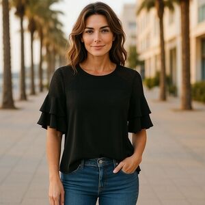 Roz & Ali Black Ruffle Sleeve Top • Elegant Women’s Blouse • Size PM